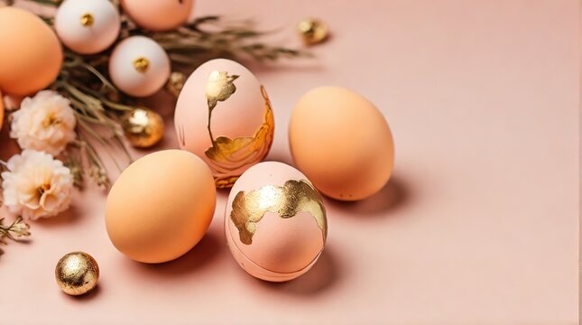 Easter eggs painted in gold and peach fuzz colors on a peach color background, top view, Easter concept in trendy colors 2024