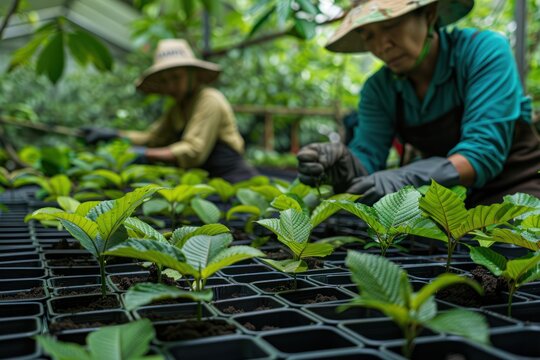 Thai gardeners inspect the leaves of kratom plants in a legal nursery in Thailand.Thai gardeners inspect the leaves of kratom plants in a legal nursery in Thailand.