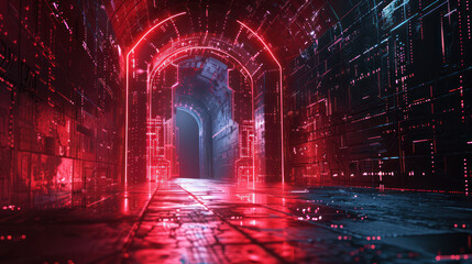 Futuristic Red Cybersecurity Tunnel with Digital Interface