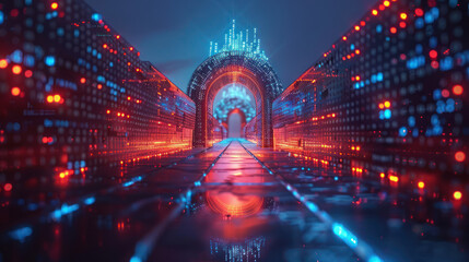 Futuristic Red Cybersecurity Tunnel with Digital Interface