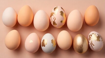Easter eggs painted in gold and peach fuzz colors on a peach color background, top view, Easter concept in trendy colors 2024