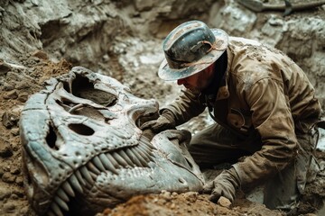 Fototapeta premium Archaeologists who unearthed dinosaur skeletons