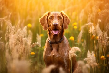 Wirehaired vizsla dog sitting in meadow field surrounded by vibrant wildflowers and grass on sunny day ai generated