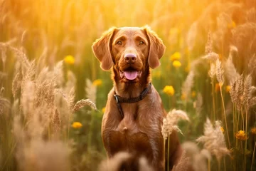 Papier Peint photo autocollant Prairie, marais Wirehaired vizsla dog sitting in meadow field surrounded by vibrant wildflowers and grass on sunny day ai generated