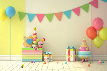 birthday party balloons, colourful balloons background and birthday cake with candles	