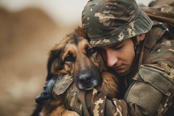 Veterans return home Hugging his beloved dog with happiness