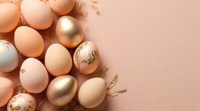 Easter eggs painted in gold and peach fuzz colors on a peach color background, space for text, Easter concept in trendy colors 2024