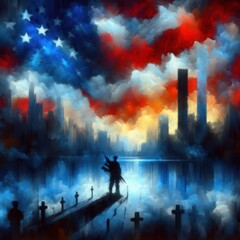 USA army soldier with nation flag. Silhouettes of soldiers with USA flag against the backdrop of a sunset. Greeting card for Veterans Day, Memorial Day, Independence Day. USA celebration. Patriotism, 