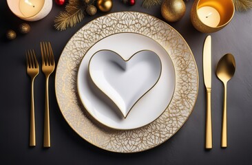 Aesthetically decorated table with heart-shaped plates and gold cutlery. Festive concept. Top view. 