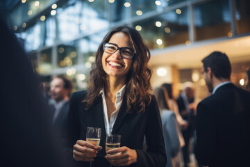 Happy beautiful businesswoman laughing while holding drink glass during networking event at convention center - obrazy, fototapety, plakaty