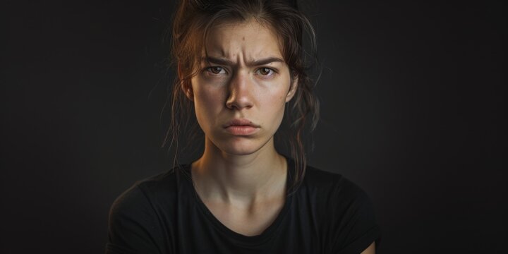 A woman with a sad expression wearing a black t-shirt, generative AI