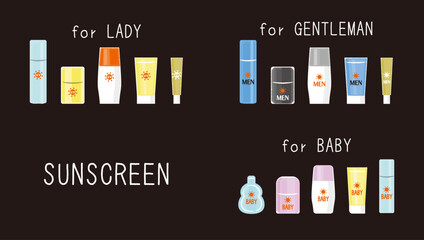 Illustration sets of various types of sunscreen for women, men, and babies.Light and stylish hand-painted watercolor style vector set.Health and beauty category products.