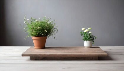 Minimal Scandinavian contemporary empty wooden table with sunlight. Simplistic, plants, flowering plants. 