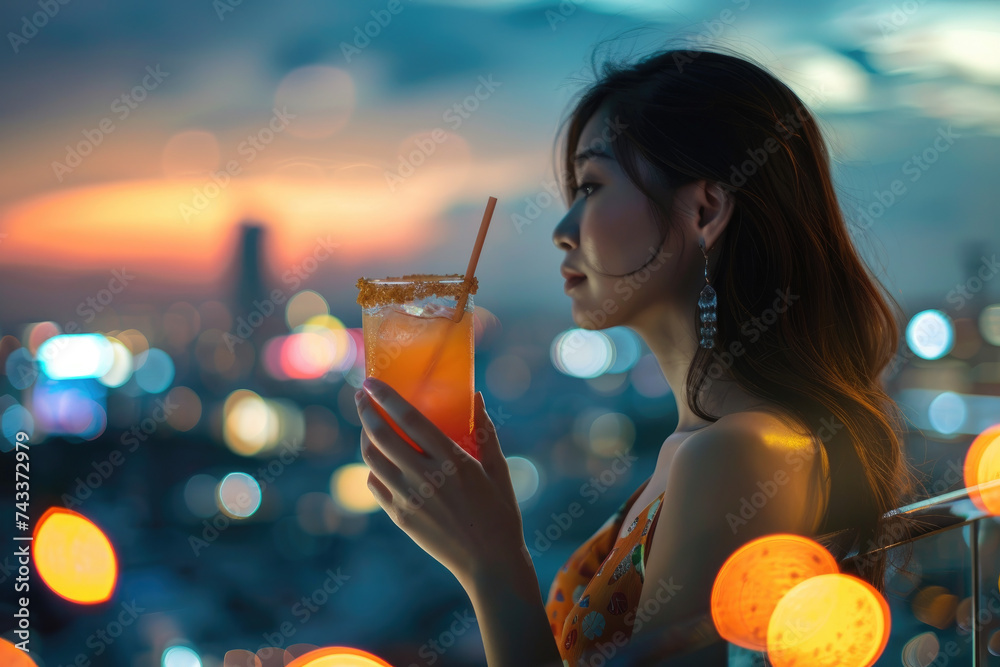 Wall mural Portrait of beautiful young Asian woman holding cocktail rooftop bar  - Wall murals