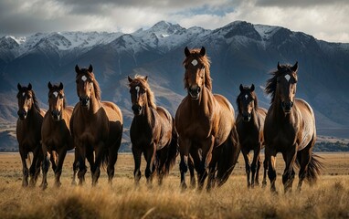Photorealistic ai artwork of a landscape with horses in the valley surrounded by mountains. Generative ai.