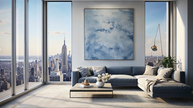 Photorealistic ai artwork of a living room interior with a picture framed on the wall. Template. Generative ai.