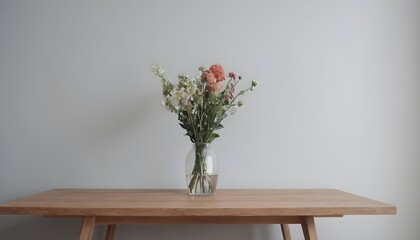 Minimal Scandinavian contemporary empty wooden table with sunlight. Simplistic Home, flower, plants.