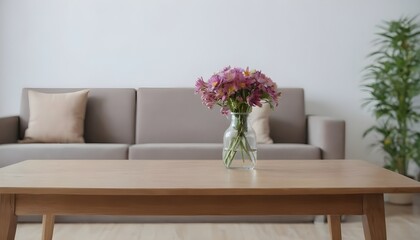 Minimal Scandinavian contemporary empty wooden table with sunlight. Simplistic Home, flower, plants.