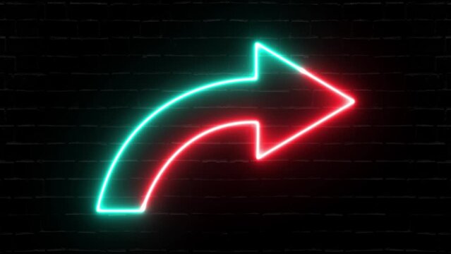 Realistic neon arrows animation. 3d render, abstract minimalist geometric arrow background.  Glowing neon motion sign, outline 4k video.