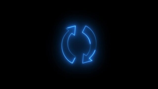 Neon glowing blue arrow circle icon animation in black background