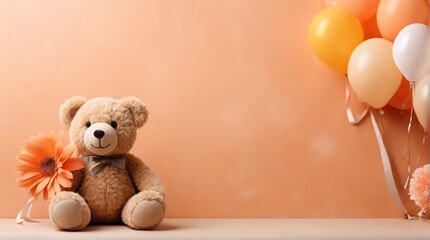 Cute teddy bear and balloons on peach fuzz background, concept of valentines day or birthday cards in trendy 2024 colors, space for text