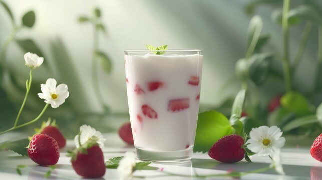 Copy space Imagine fresh strawberry yogurt smoothies in a Glass with strawberry farm, Dairy Farming, and Healthy Food Concept
