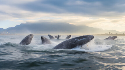 Parade of Majestic Gray Whales Gracefully Swimming Across Tranquil Ocean Waters Under a Cloudy Skyline