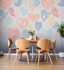 A dining room with a colorful heart wallpaper. Generative AI.