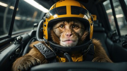 Fototapeta na wymiar A monkey wearing a helmet in a car. Generative AI.