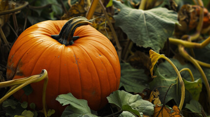 A vibrant orange pumpkin sits nestled a the vines its round shape and deep grooves giving it a unique personality. In the fall it will be picked and used to create comforting
