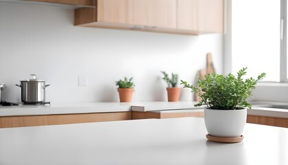 empty clean table in front of kitchen, modern interior design	
