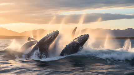 Parade of Majestic Gray Whales Gracefully Swimming Across Tranquil Ocean Waters Under a Cloudy Skyline
