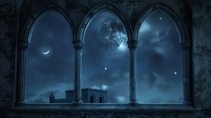 Enchanting mystical window with crescent moon in starry night sky - captivating stock image for your creative projects