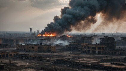 Obraz premium Smoke billows from a factory in the middle of a city. Generative AI.