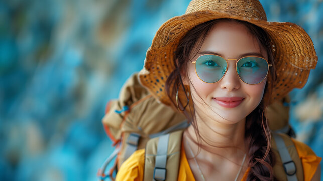 A cheerful young woman in a hat and sunglasses smiles brightly, ready for an adventure with her backpack on a sunny day with beautiful beach background.