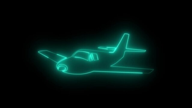 Neon glowing cyan airplane icon animation in black background