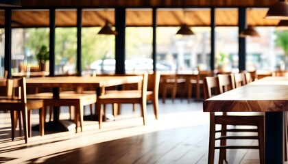 Lofty chill restaurant with wooden table and Depth of field , blurred background. cafe, outdoor.
