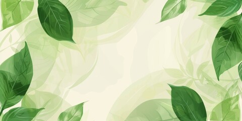 Lush green leaves overlay on a soft pastel background, eco-themed graphic design.