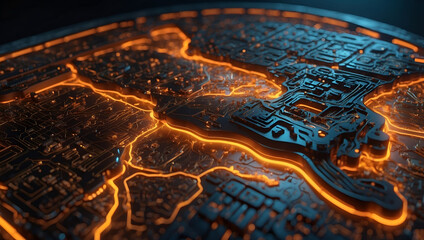 A glowing, orange digital world map overlays a dark, intricate circuit board