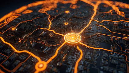 A glowing, orange digital world map overlays a dark, intricate circuit board