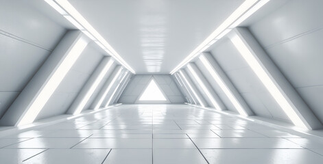 Empty white room with neon lights. Futuristic tunnel architecture background. Box with metal wall....
