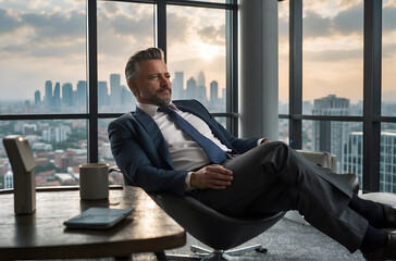 Life-work balance and city living lifestyle concept of business man relaxing, take it easy in office or hotel room resting with thoughtful mind thinking of life quality looking forward to cityscape - obrazy, fototapety, plakaty