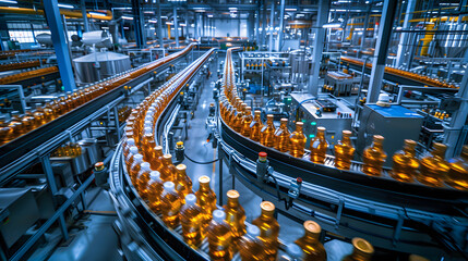 Conveyor belt, juice in bottles, beverage factory interior in blue color, industrial production line. generative ai