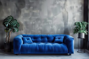 Elegant Living Space A Vibrant Blue Sofa Accentuates a Modern Room, Complemented by Lush Green Indoor Plants and a Textured Grey Wall