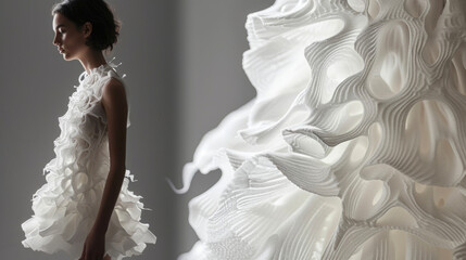 An ethereal dress crafted from 3D printed layers of translucent fabriclike material giving the illusion of floating on air and showcasing the possibilities of innovative materials.