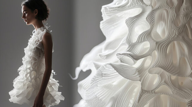 An ethereal dress crafted from 3D printed layers of translucent fabriclike material giving the illusion of floating on air and showcasing the possibilities of innovative materials.