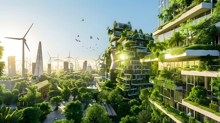 Modern city landscape with wind turbines and solar panels. Green city concept.