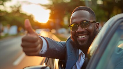 African American businessman showing thumb up while on expensive ca, New car, Car insurance concept. - obrazy, fototapety, plakaty