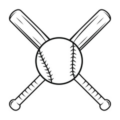 Baseball bats crossed and baseball ball outline vector illustration