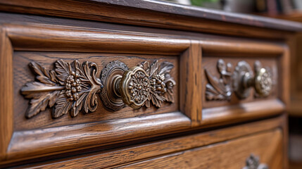 A set of br cabinet pulls once dull and faded now polished to a brilliant shine and beautifully adorning a restored antique dresser. - obrazy, fototapety, plakaty